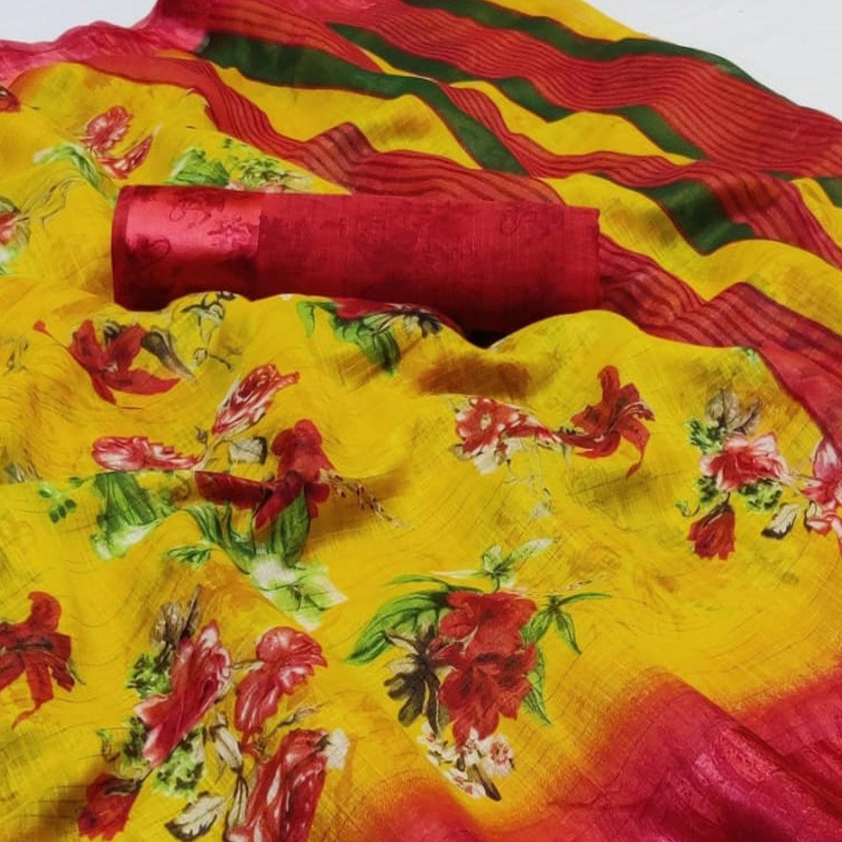 Excellent Yellow Colored Casual Wear Printed Linen Saree