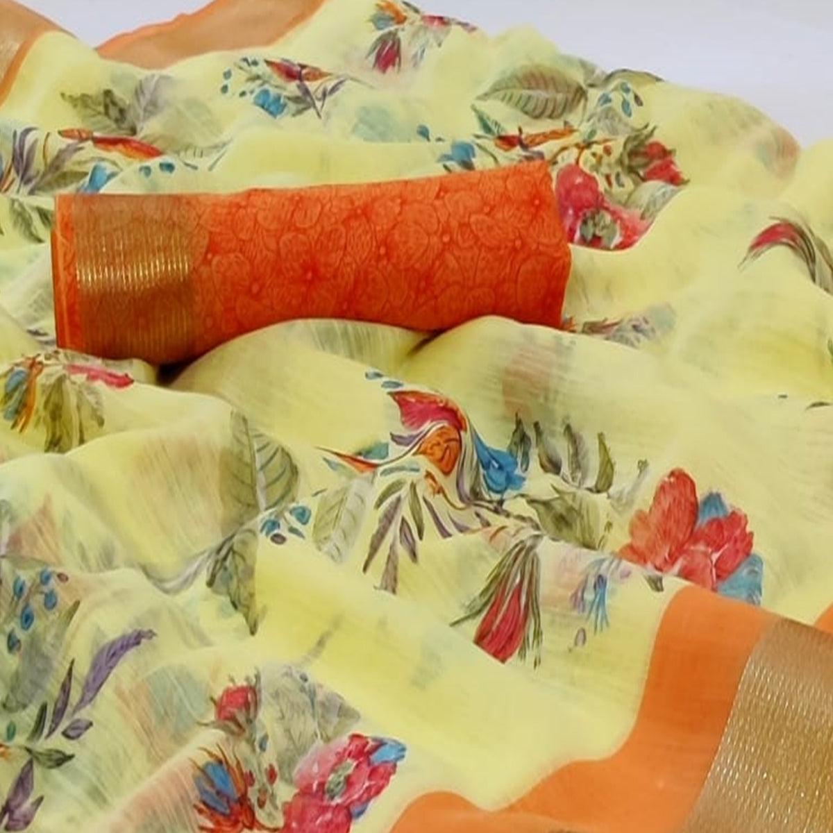 Excellent Yellow Colored Casual Wear Printed Linen Saree