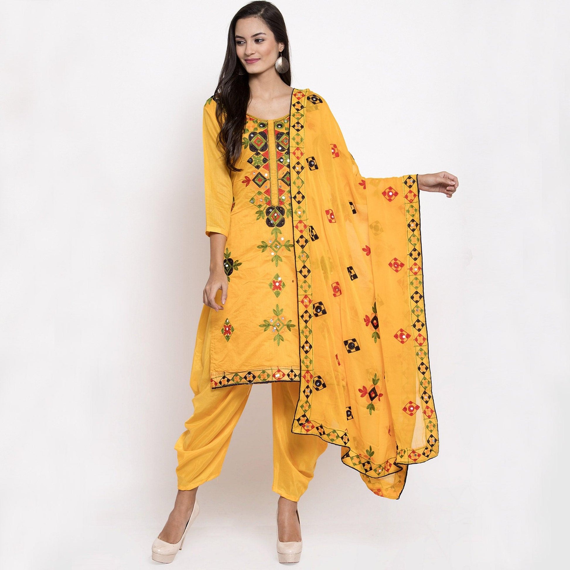 Excellent Yellow Colored Party Wear Embroidered Chanderi Dress Material
