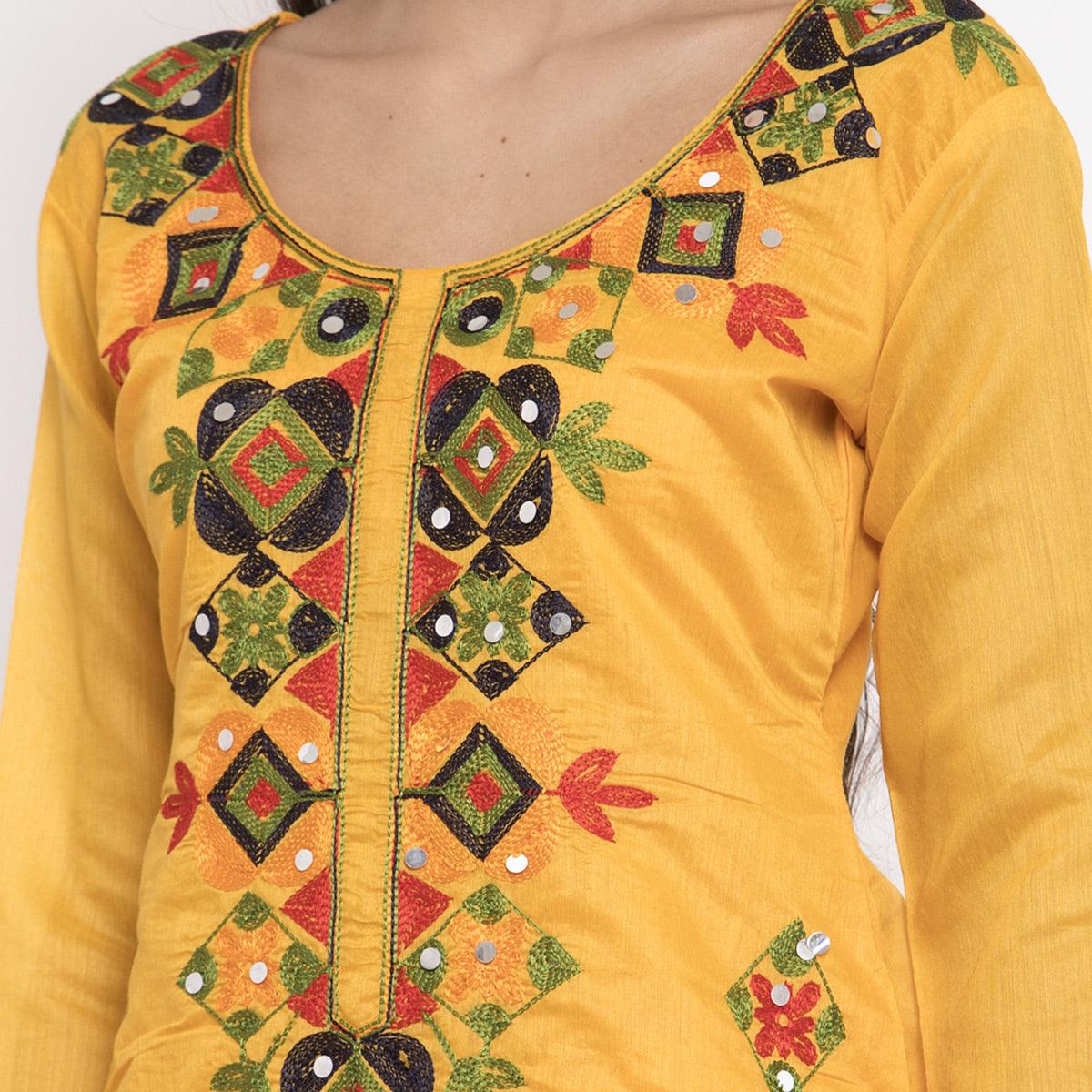Excellent Yellow Colored Party Wear Embroidered Chanderi Dress Material