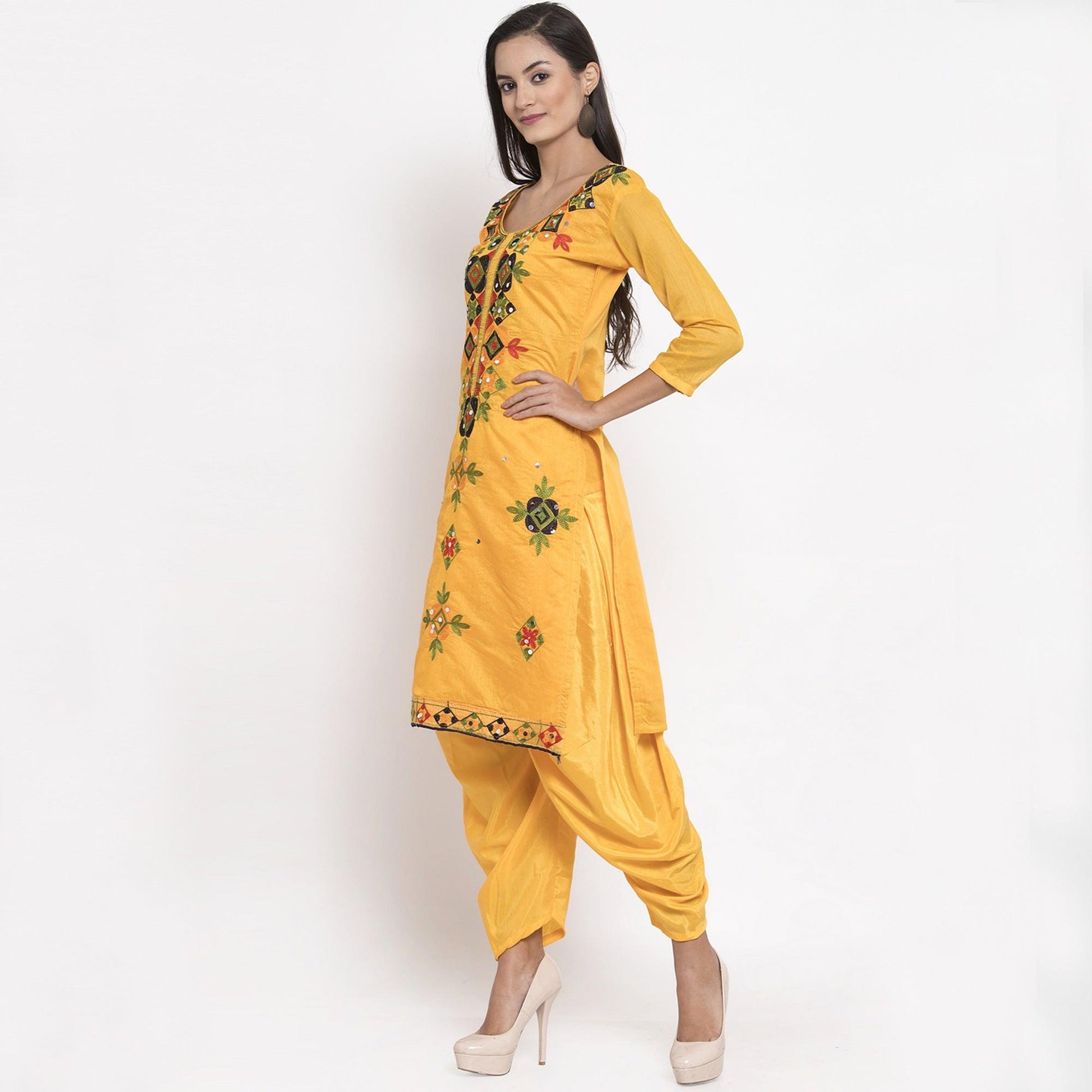 Excellent Yellow Colored Party Wear Embroidered Chanderi Dress Material