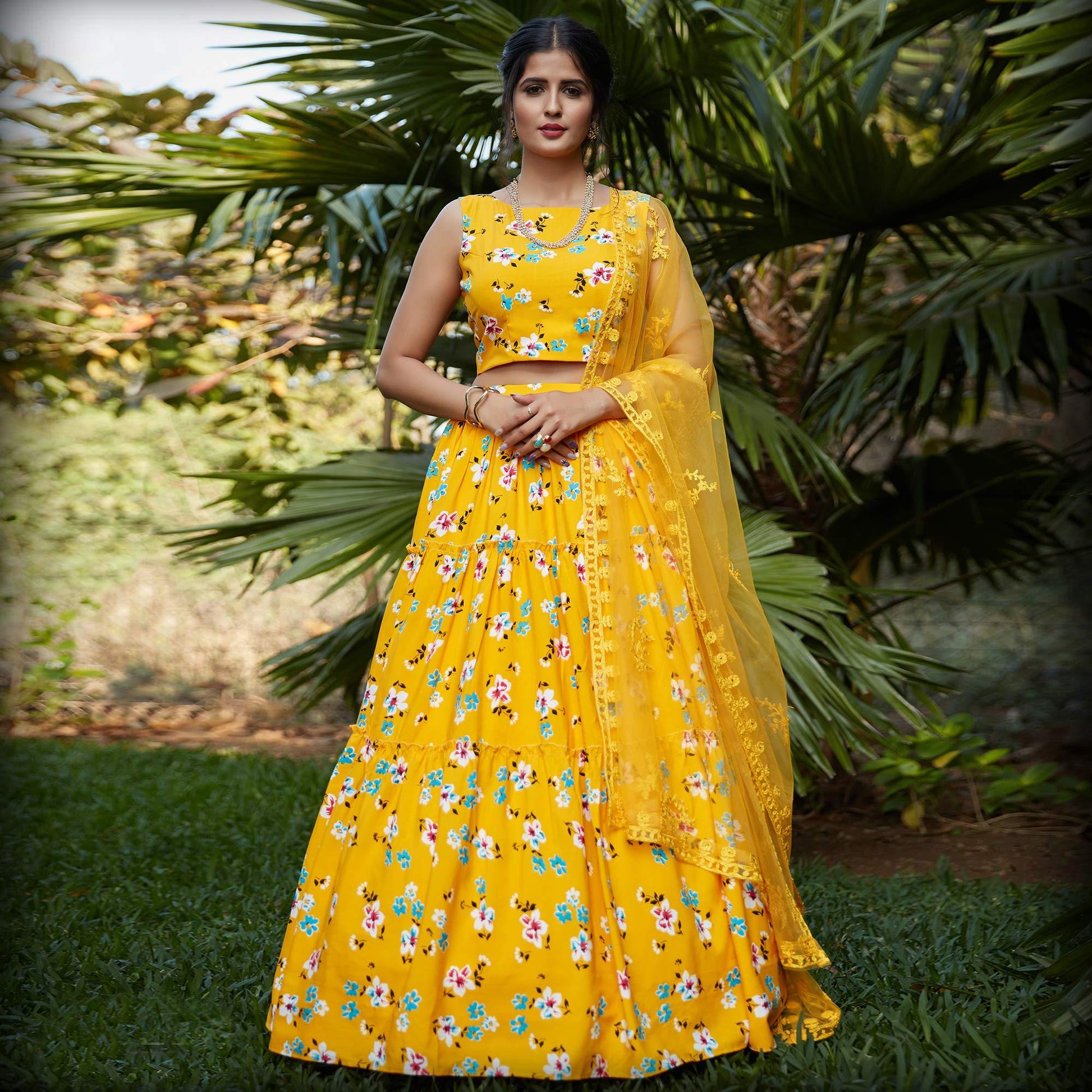 Excellent Yellow Colored Wedding Partywear Printed Silk Crepe Lehenga Choli