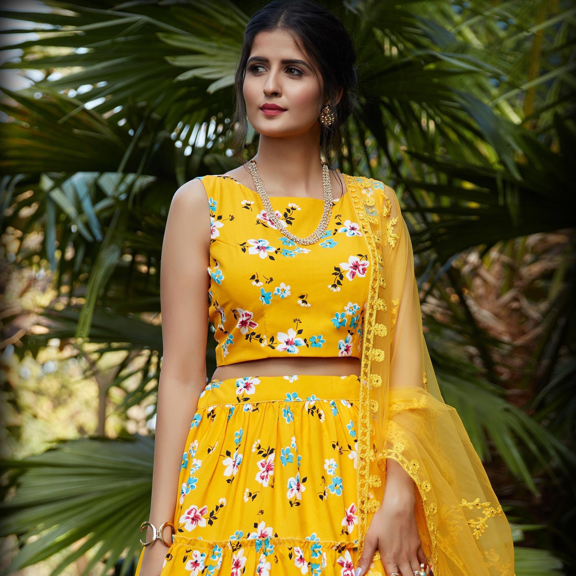 Excellent Yellow Colored Wedding Partywear Printed Silk Crepe Lehenga Choli
