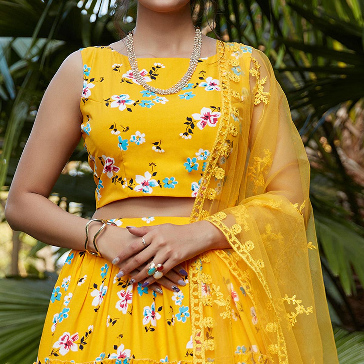 Excellent Yellow Colored Wedding Partywear Printed Silk Crepe Lehenga Choli