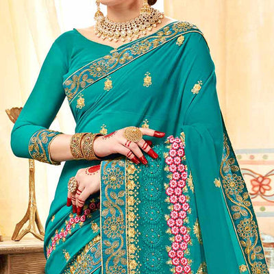 Exceptional Aqua Blue Colored Partywear Embroidered Georgette Saree