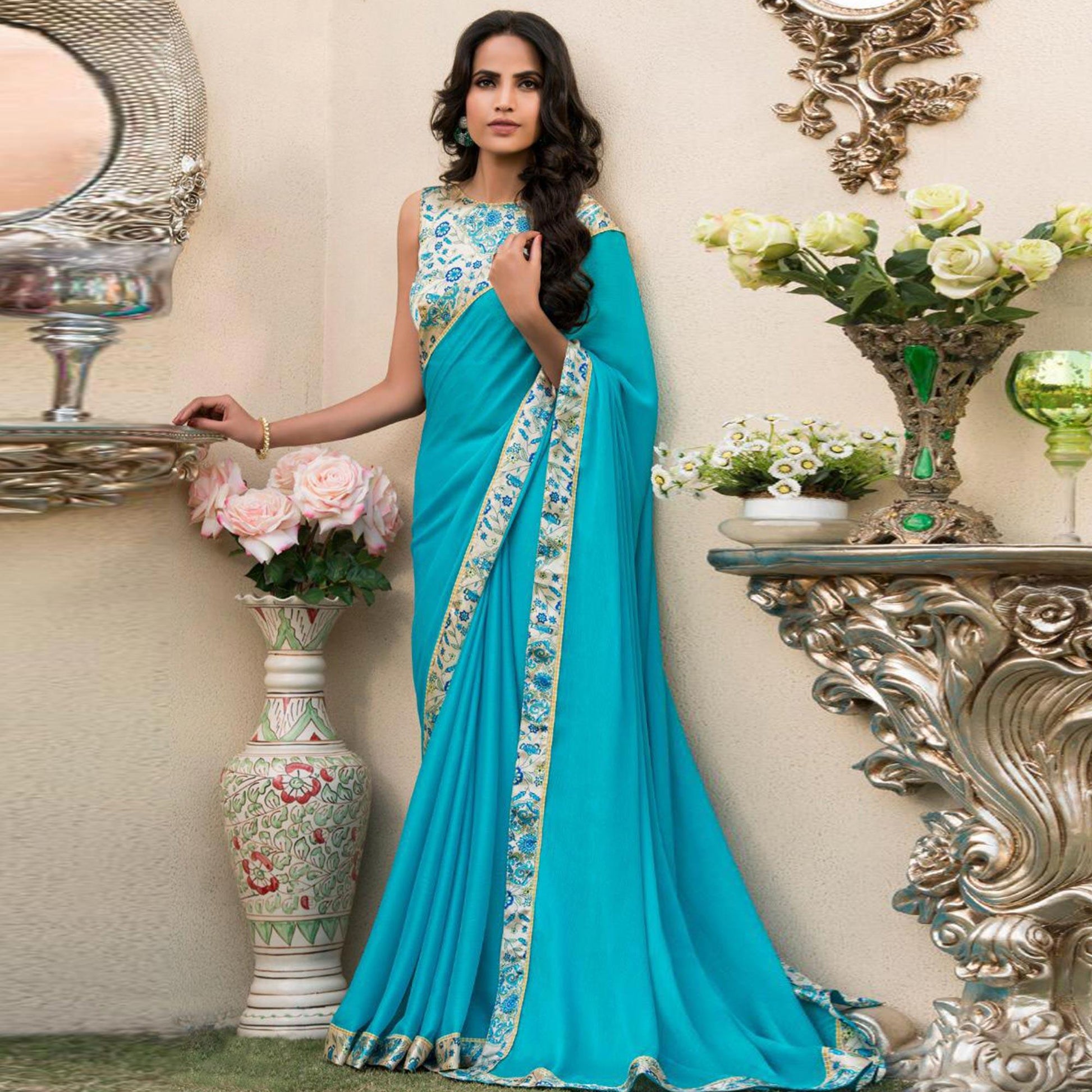 Exceptional Aqua Blue Colored Partywear Printed Chiffon Saree