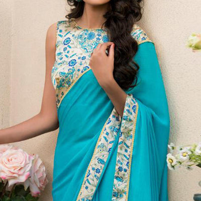 Exceptional Aqua Blue Colored Partywear Printed Chiffon Saree