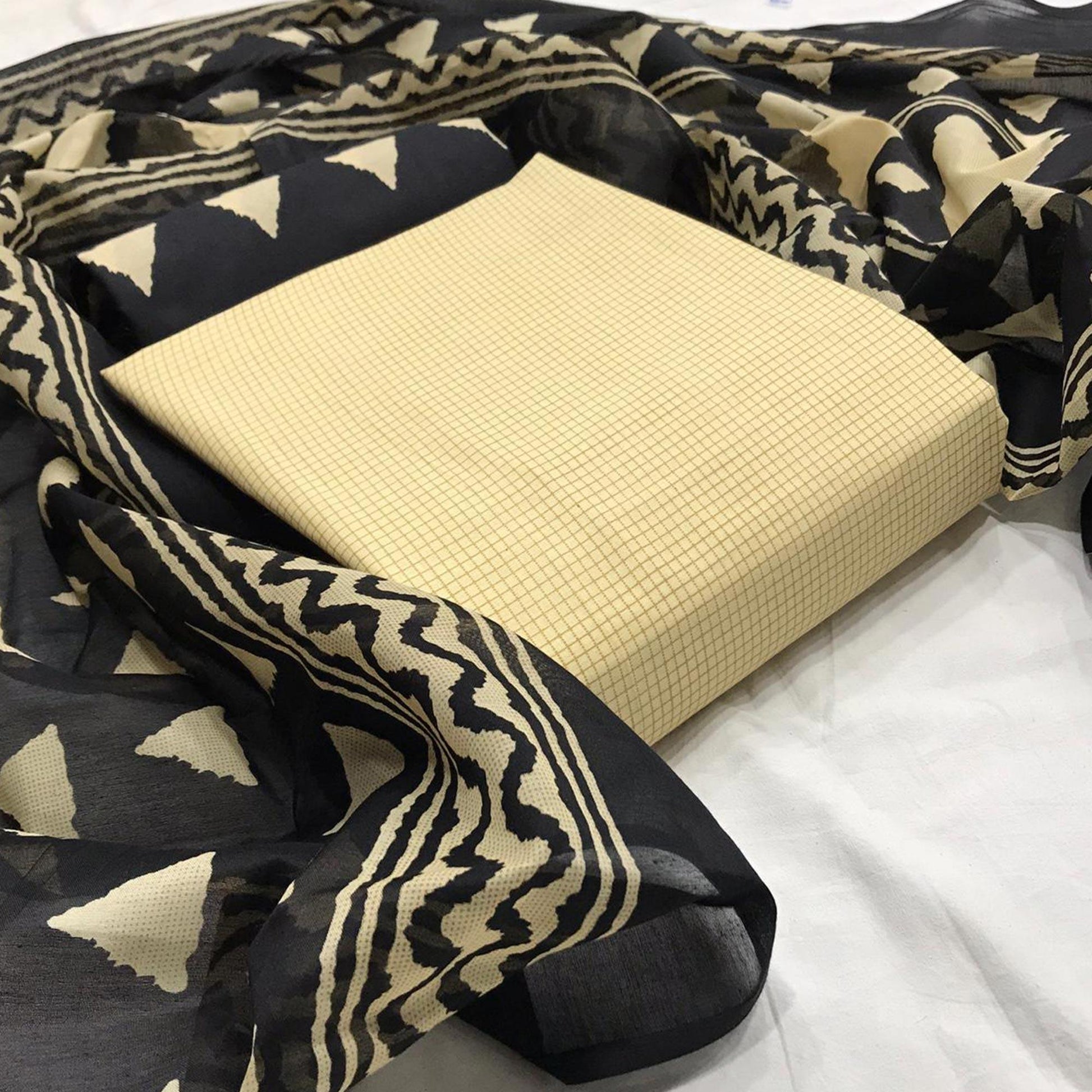 Exceptional Beige Colored Casual Wear Woven Cotton Dress Material