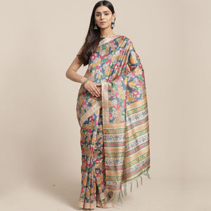 Exceptional Beige-Multi Colored Casual Wear Floral Printed Silk Blend Saree With Tassels