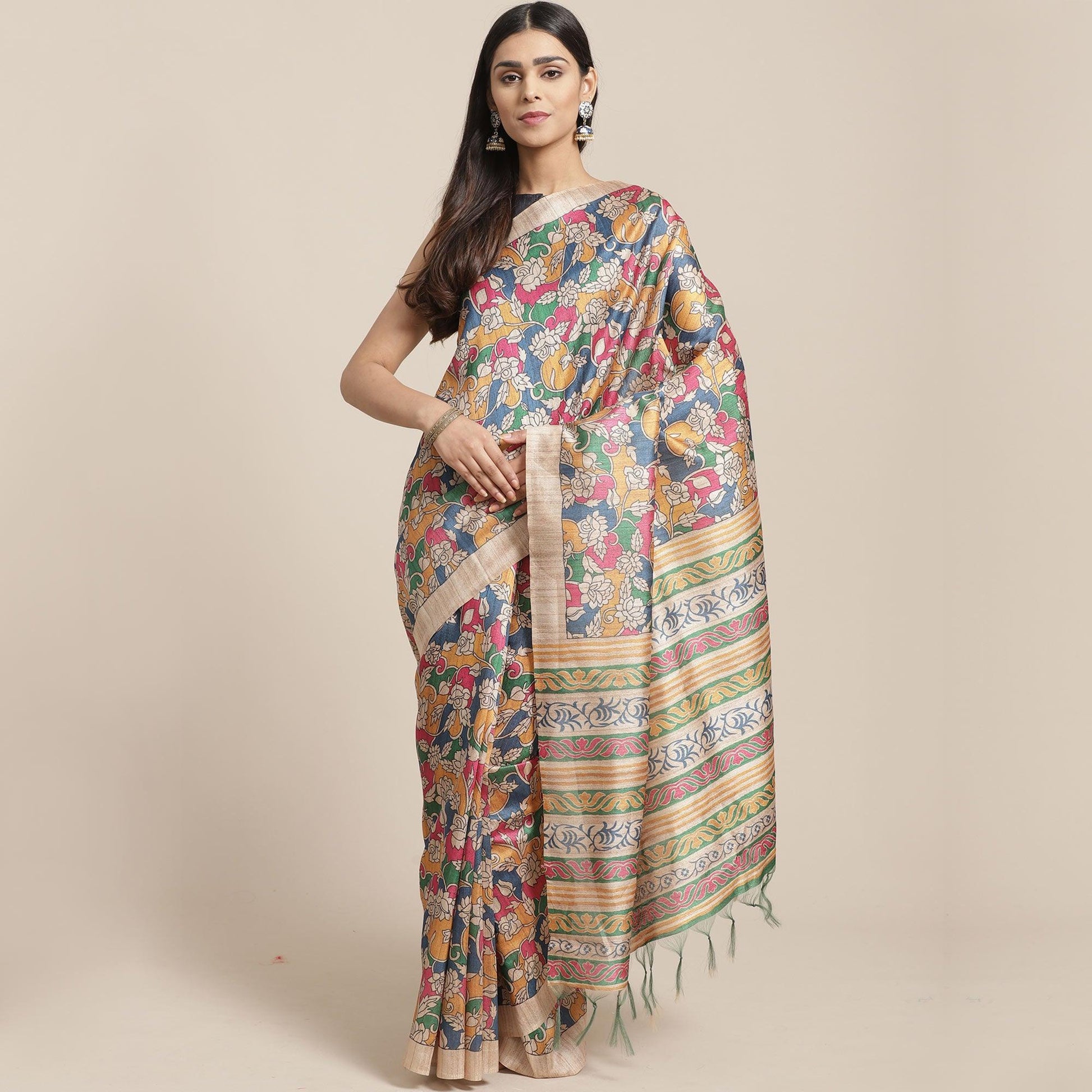 Exceptional Beige-Multi Colored Casual Wear Floral Printed Silk Blend Saree With Tassels