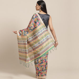 Exceptional Beige-Multi Colored Casual Wear Floral Printed Silk Blend Saree With Tassels
