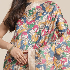 Exceptional Beige-Multi Colored Casual Wear Floral Printed Silk Blend Saree With Tassels