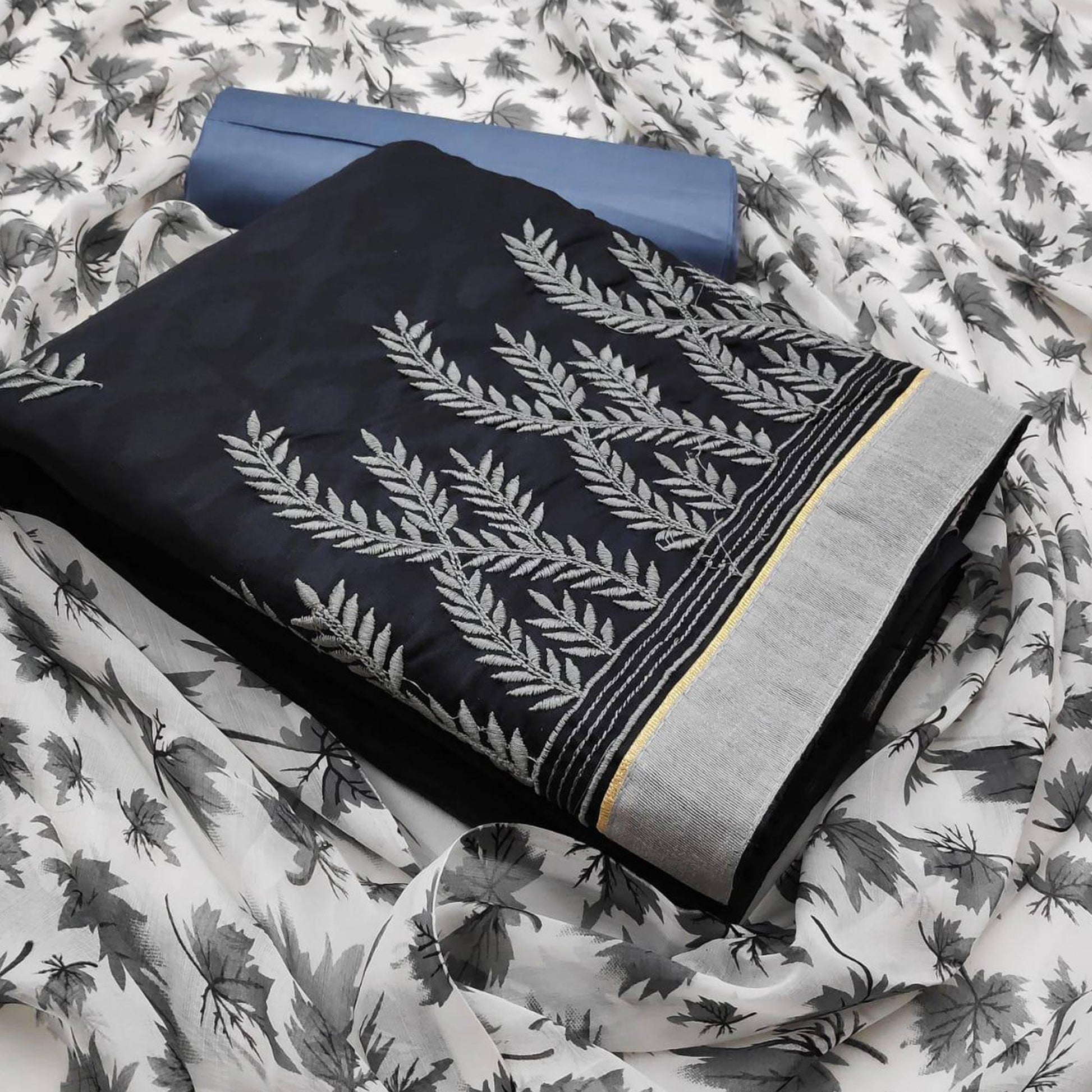 Exceptional Black Colored Casual Wear Embroidered Jacquard Dress Material