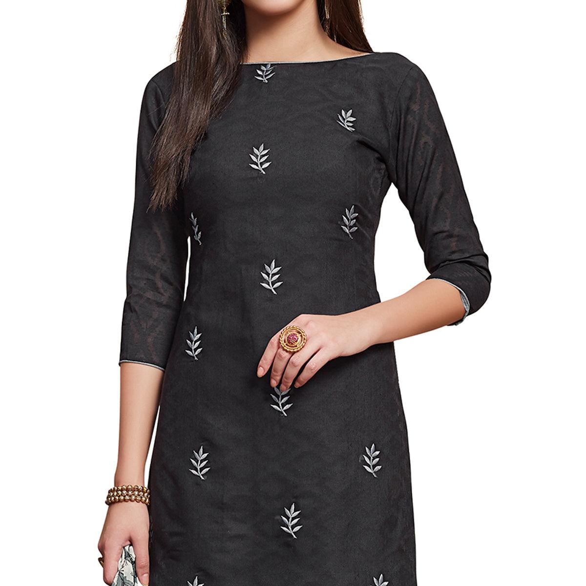 Exceptional Black Colored Casual Wear Embroidered Jacquard Dress Material