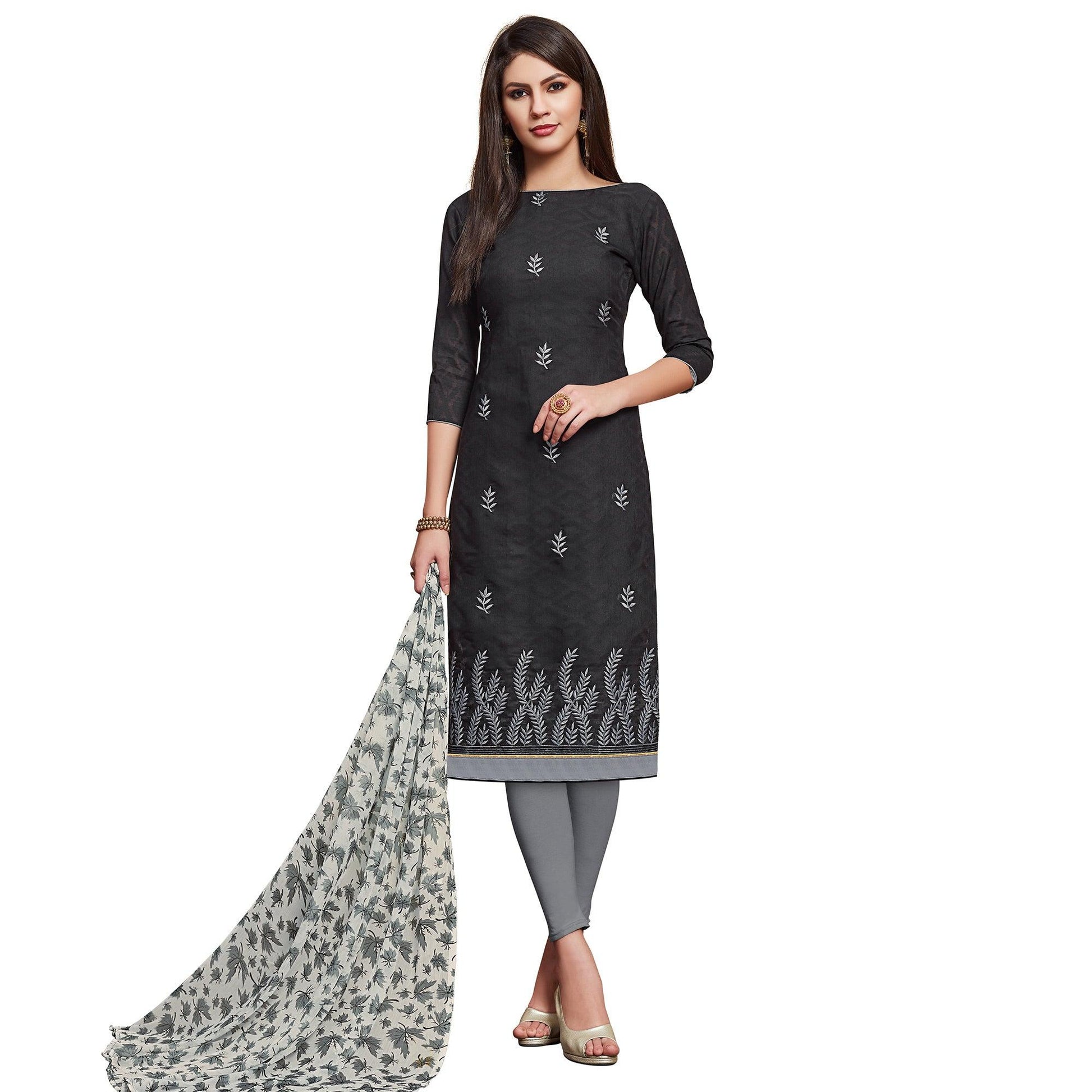 Exceptional Black Colored Casual Wear Embroidered Jacquard Dress Material