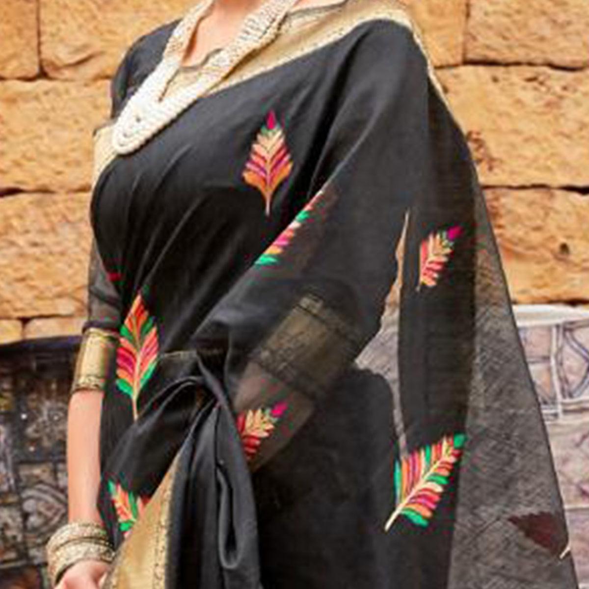 Exceptional Black Colored Partywear Printed Linen Saree