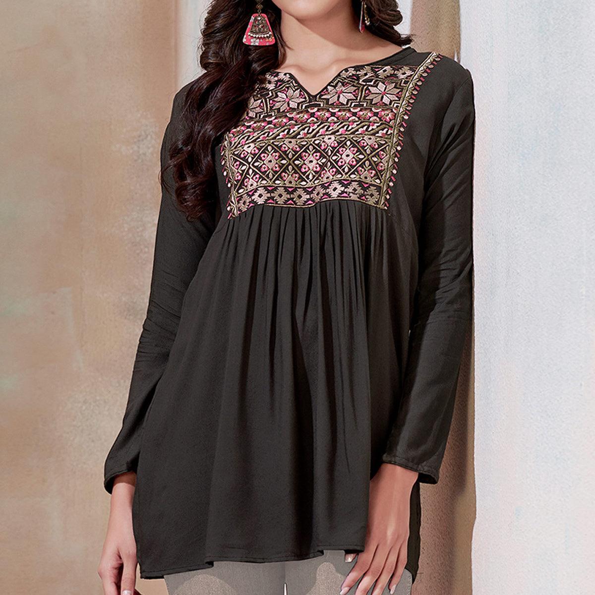 Exceptional Blackish Gray Colored Partywear Embroidered Rayon Western Top