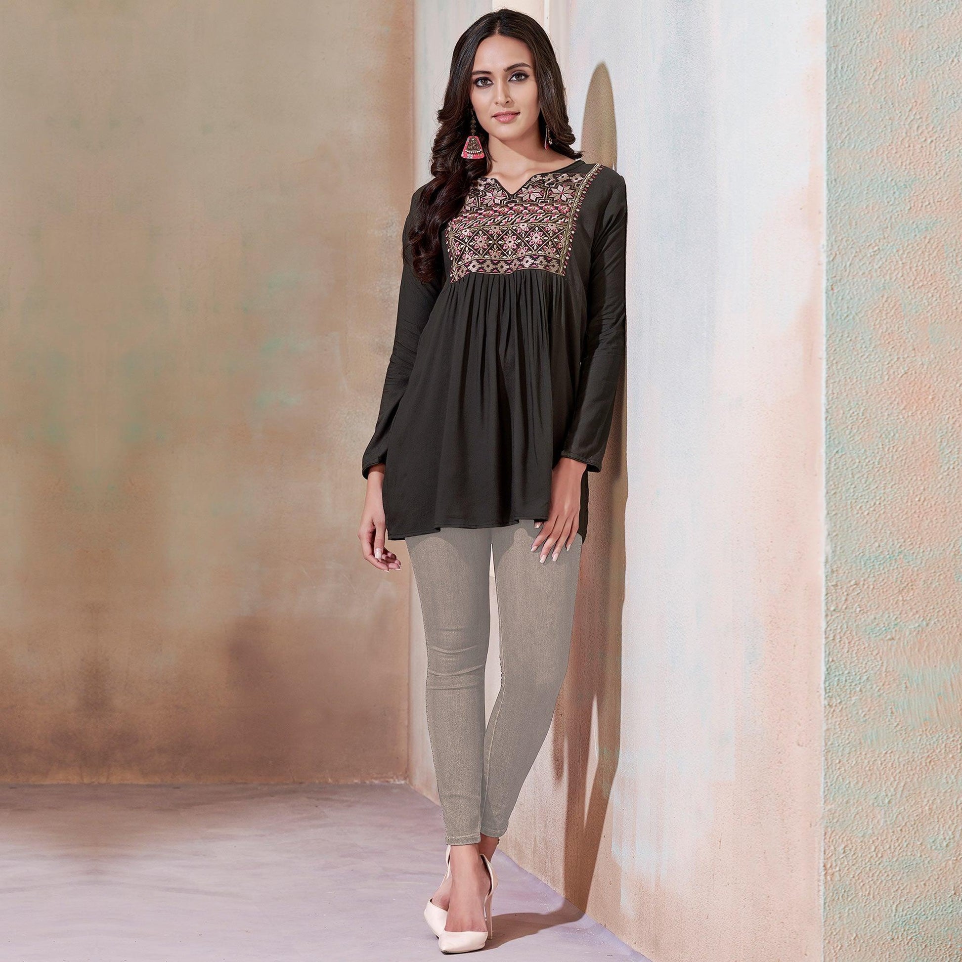 Exceptional Blackish Gray Colored Partywear Embroidered Rayon Western Top