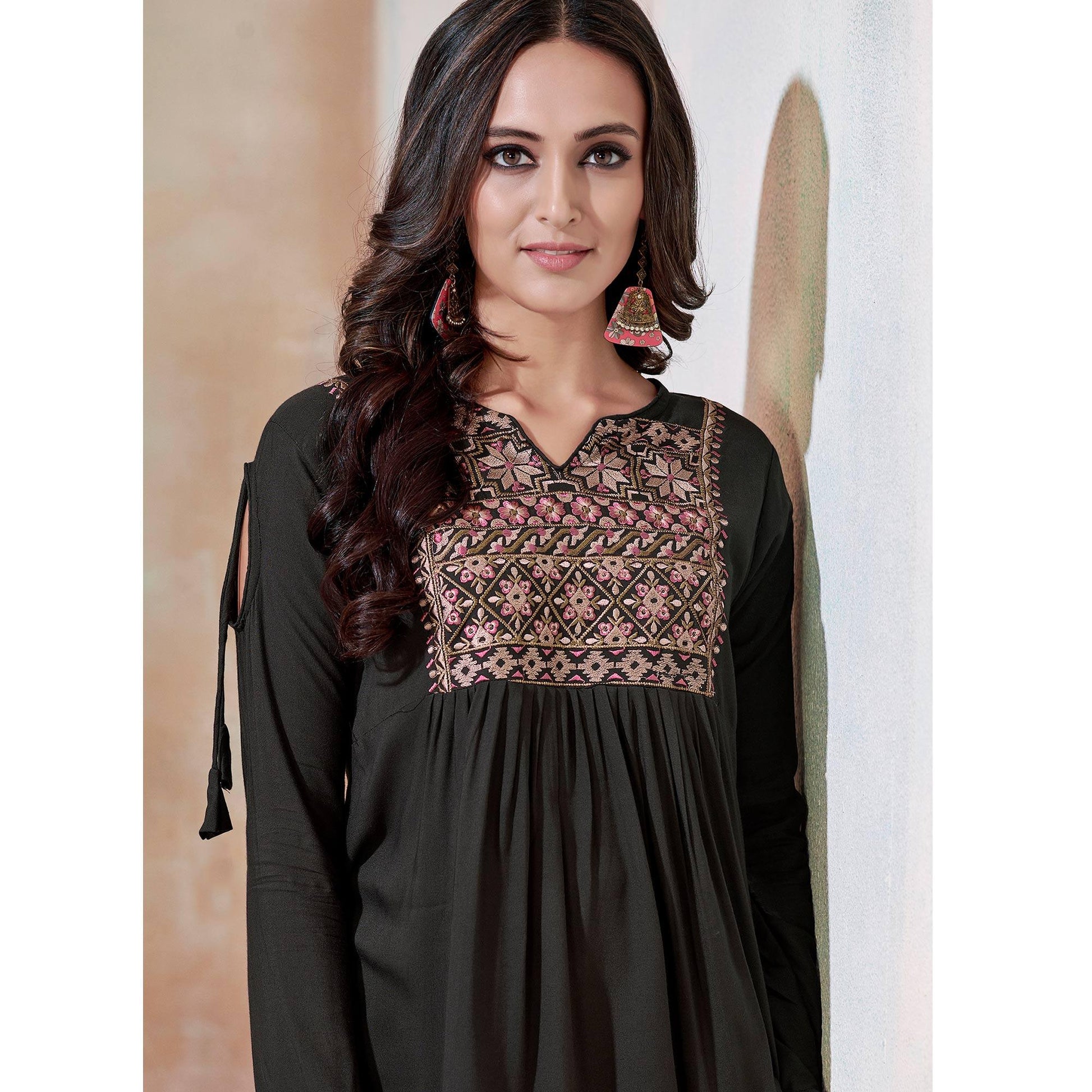Exceptional Blackish Gray Colored Partywear Embroidered Rayon Western Top