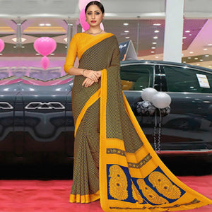 Exceptional Blue & Mustard Coloured Casual Wear Printed Crepe Saree