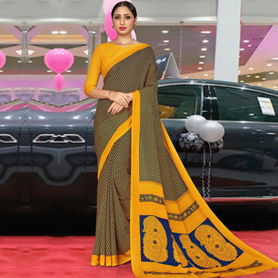 Exceptional Blue & Mustard Coloured Casual Wear Printed Crepe Saree