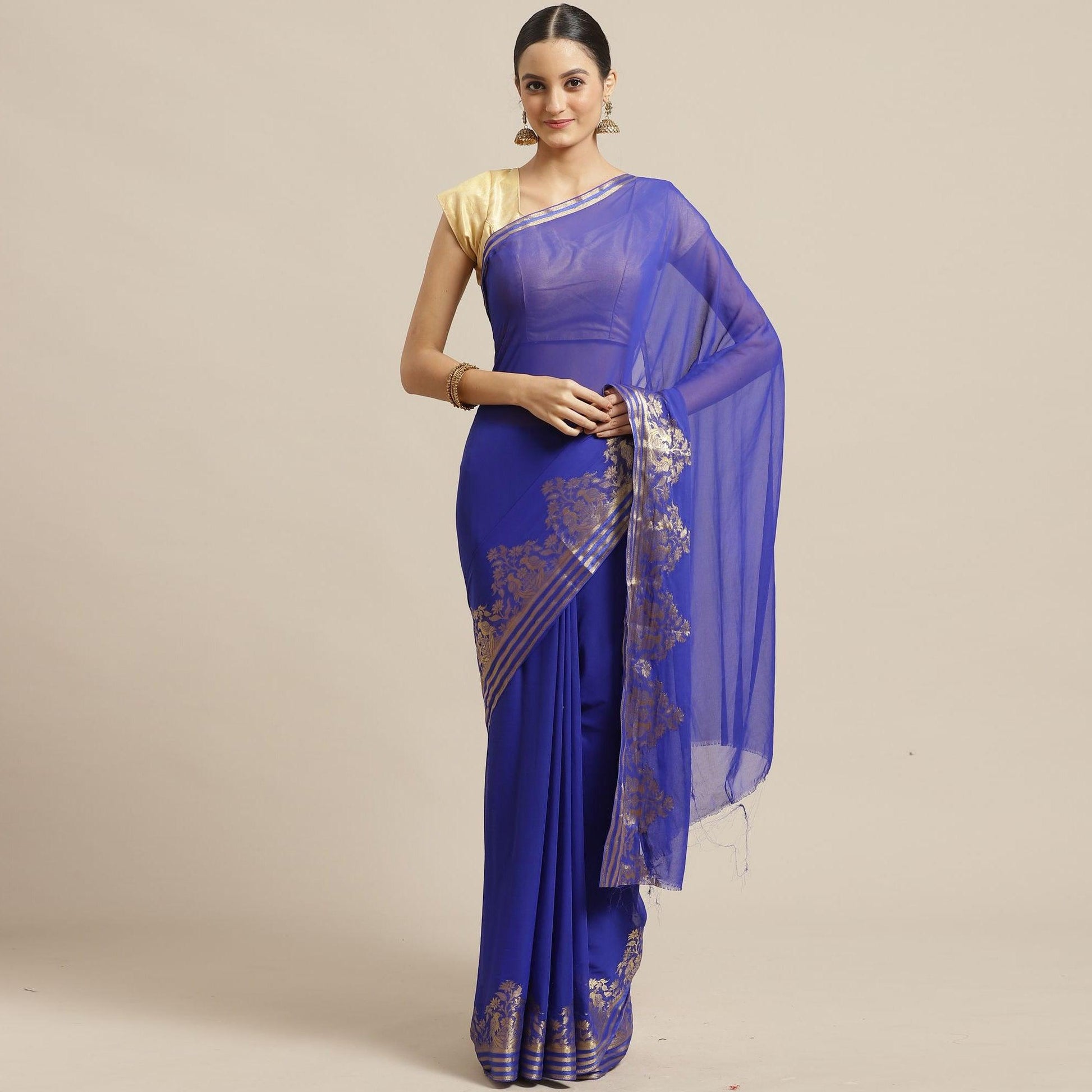 Exceptional Blue Colored Festive Wear Woven Chiffon Saree