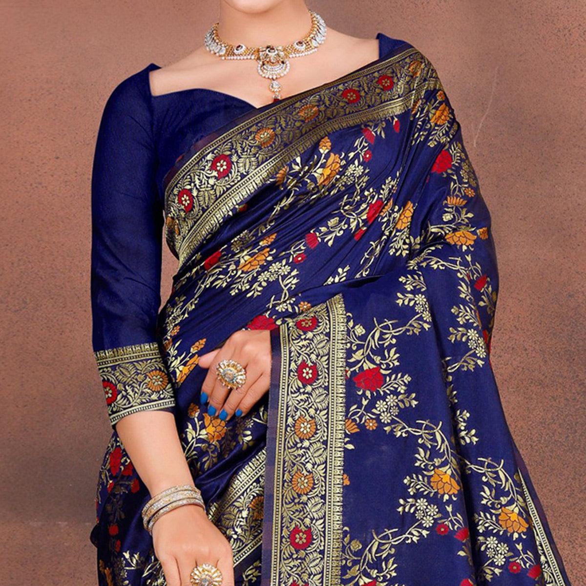 Exceptional Blue Colored Festive Wear Woven Silk Saree