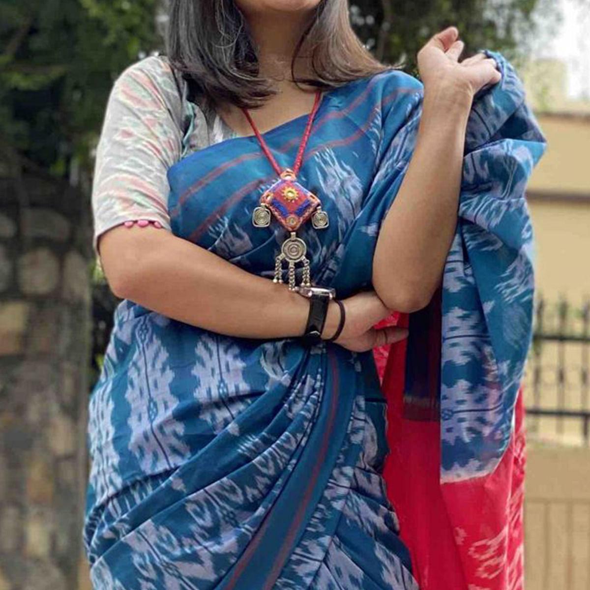 Exceptional Blue Colored Partywear Printed Silk Saree