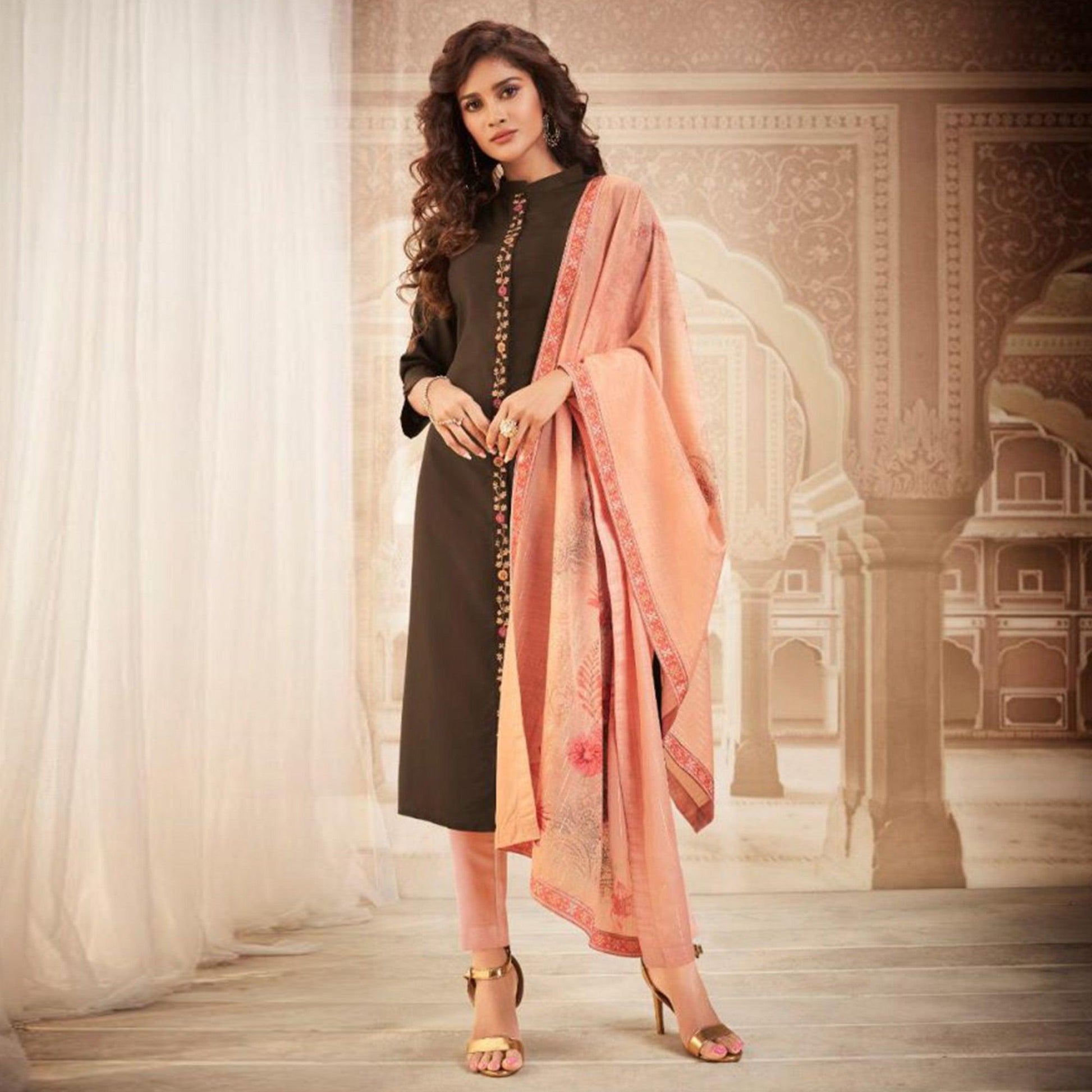 Exceptional Brown Colored Partywear Embroidered Heavy Muslin Salwar Suit