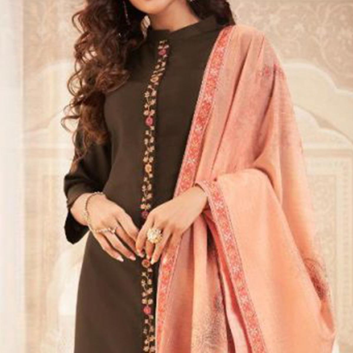 Exceptional Brown Colored Partywear Embroidered Heavy Muslin Salwar Suit