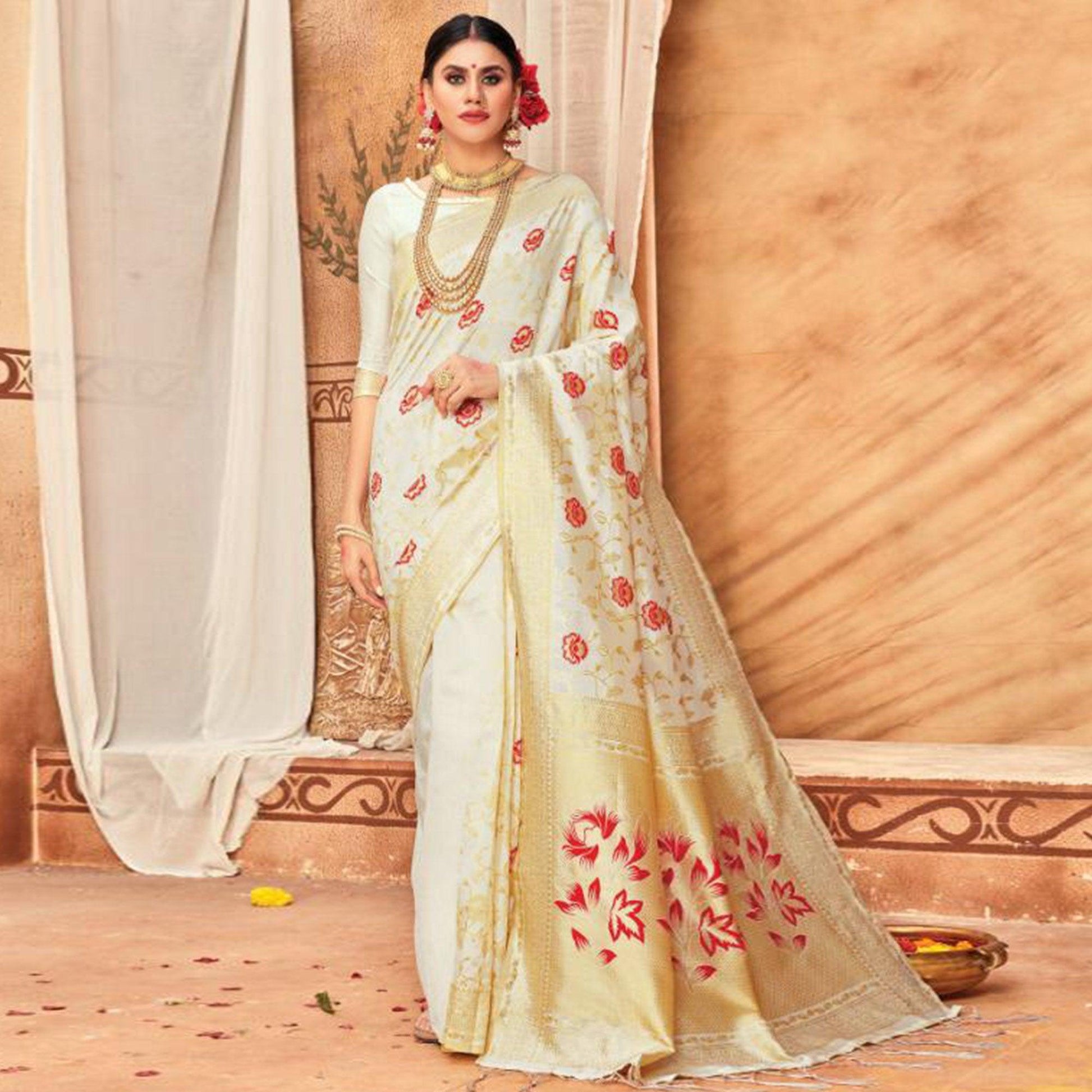 Exceptional Cream Colored Festive Wear Woven Silk Blend Saree With Tassels
