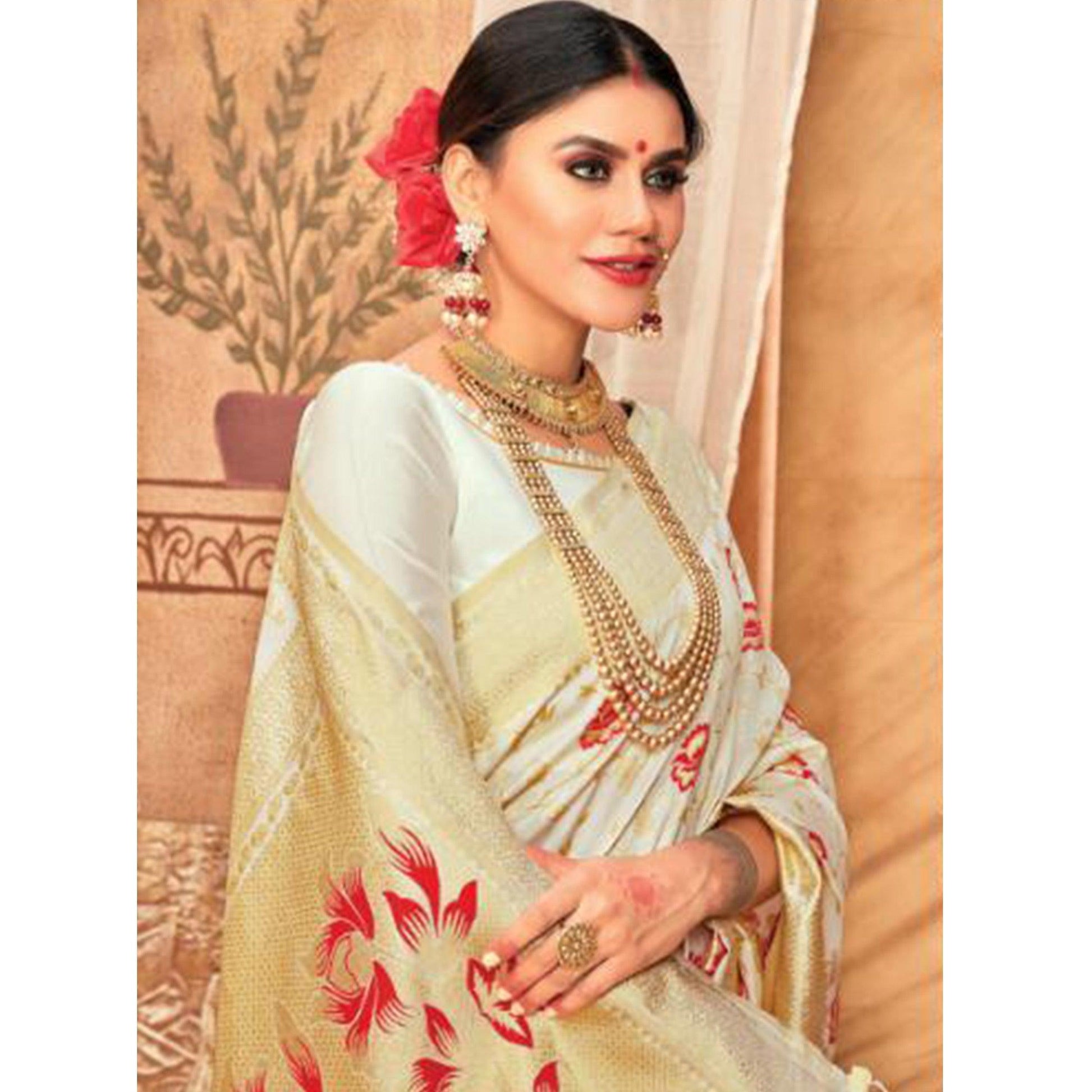 Exceptional Cream Colored Festive Wear Woven Silk Blend Saree With Tassels