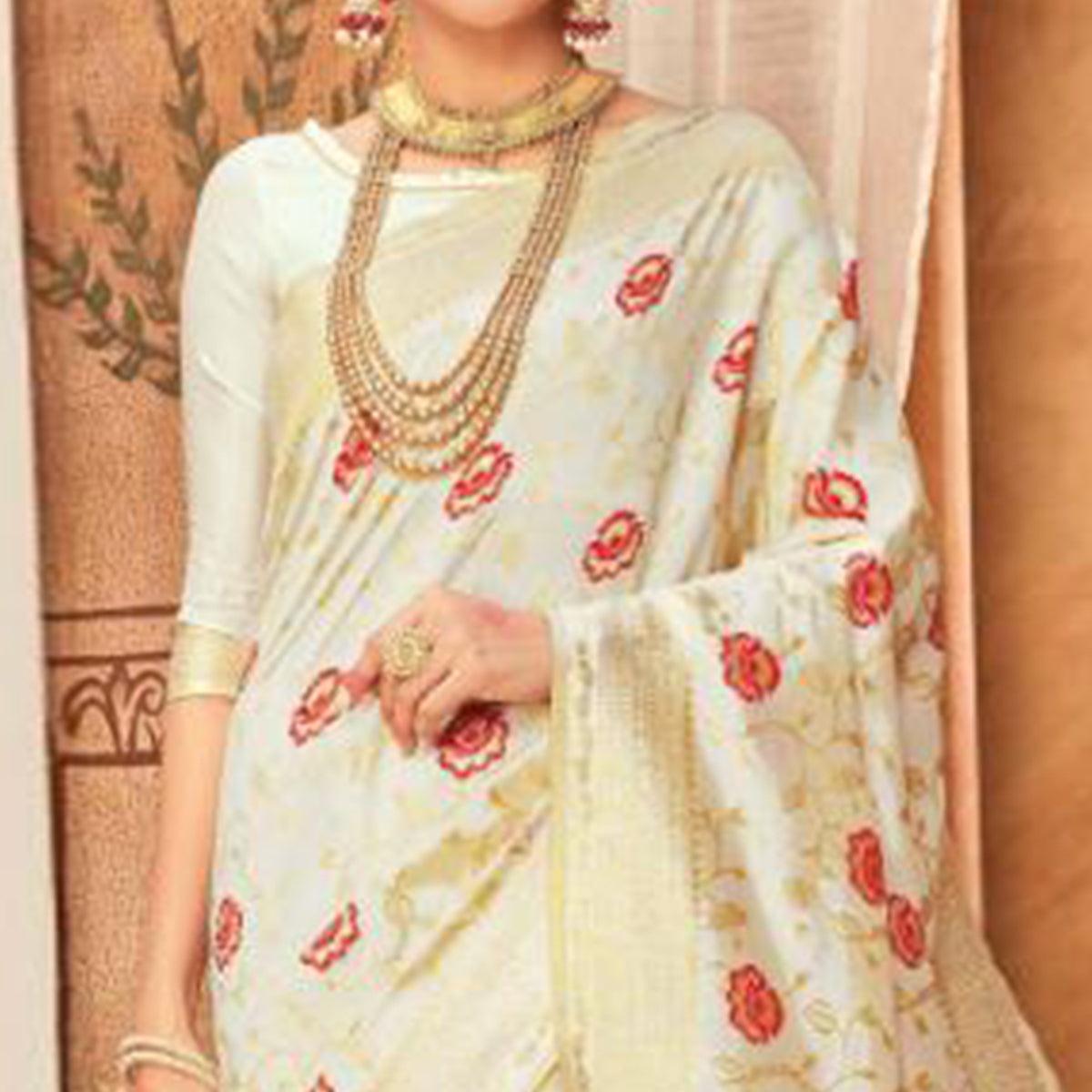 Exceptional Cream Colored Festive Wear Woven Silk Blend Saree With Tassels