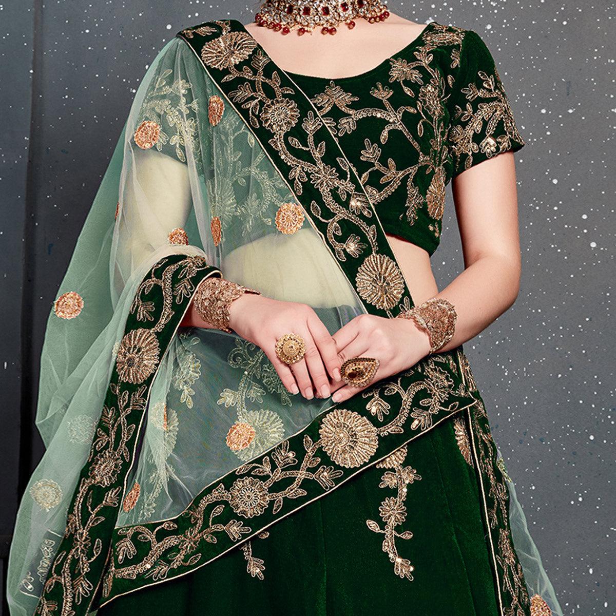 Exceptional Dark Green Colored Wedding Wear Embroidered Velvet Lehenga Choli