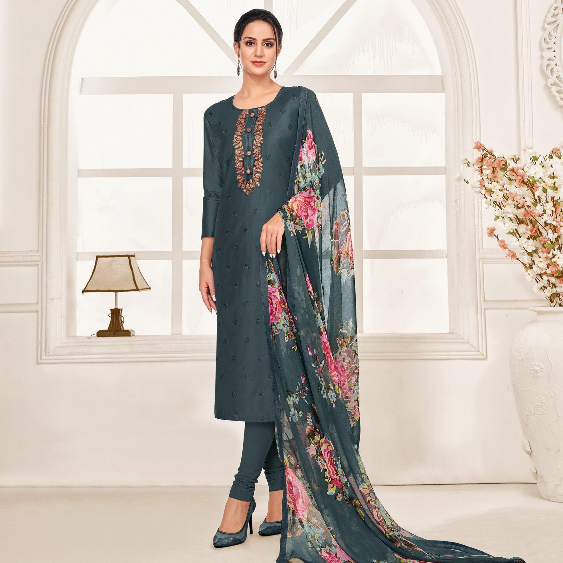 Exceptional Dark Grey Colored Casual Wear Embroidered Chanderi Dress Material