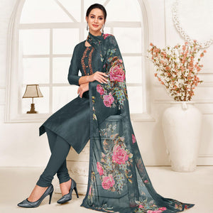 Exceptional Dark Grey Colored Casual Wear Embroidered Chanderi Dress Material