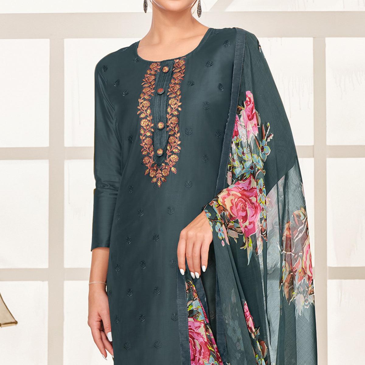 Exceptional Dark Grey Colored Casual Wear Embroidered Chanderi Dress Material