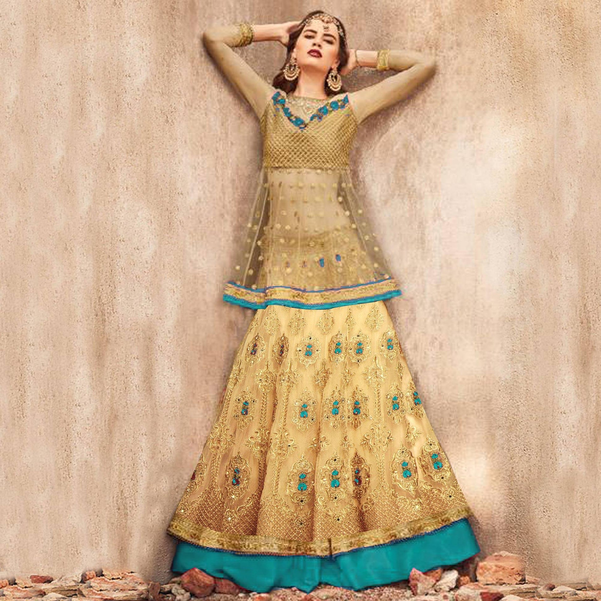 Exceptional Golden-Turquoise Colored Party Wear Embroidered Net Lehenga Choli