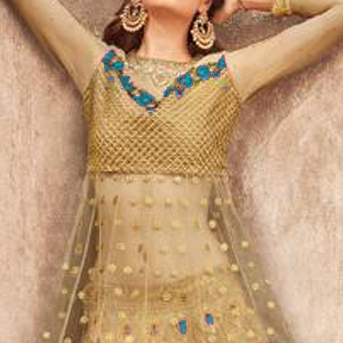 Exceptional Golden-Turquoise Colored Party Wear Embroidered Net Lehenga Choli