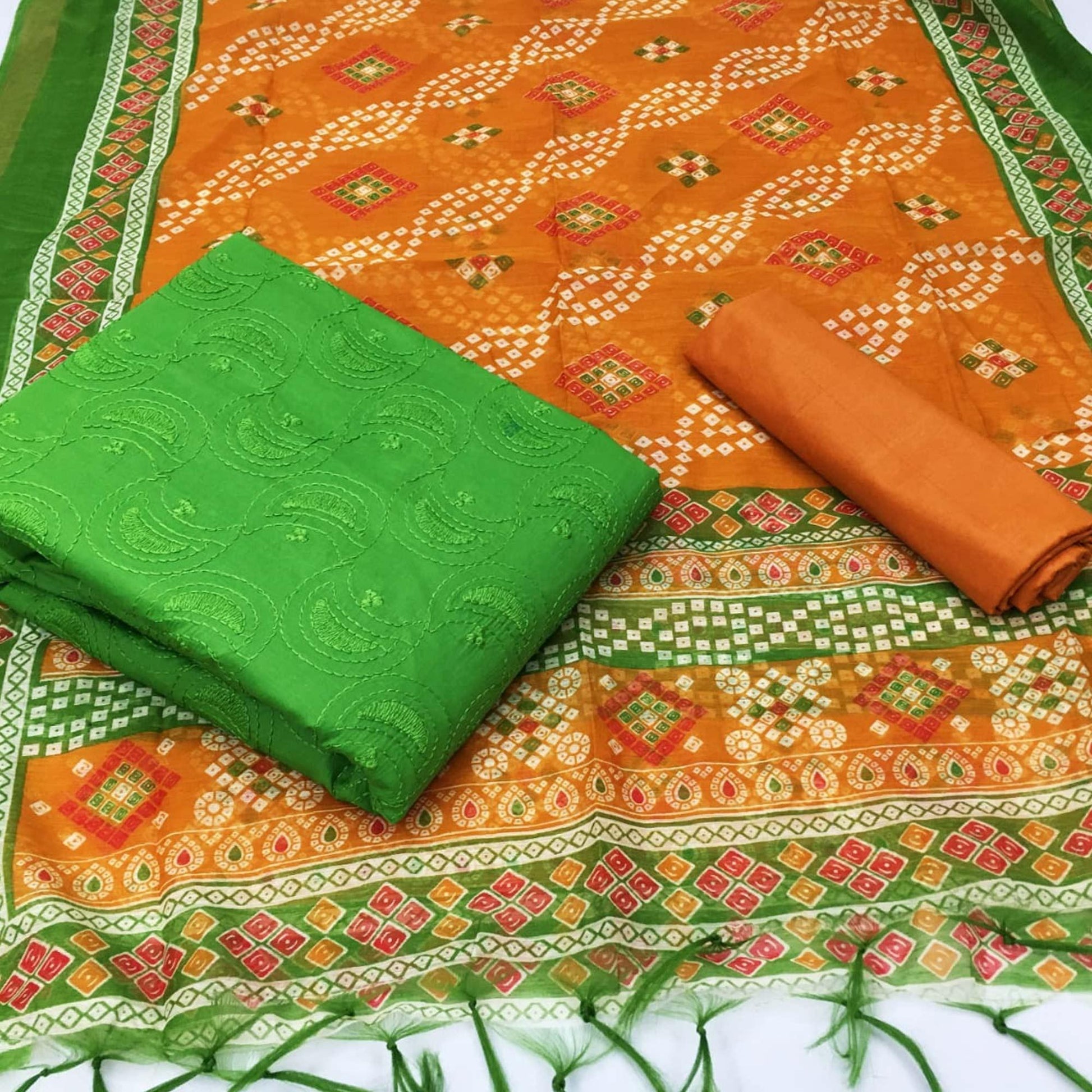 Exceptional Green Colored Casual Wear Embroidered Cotton Dress Material