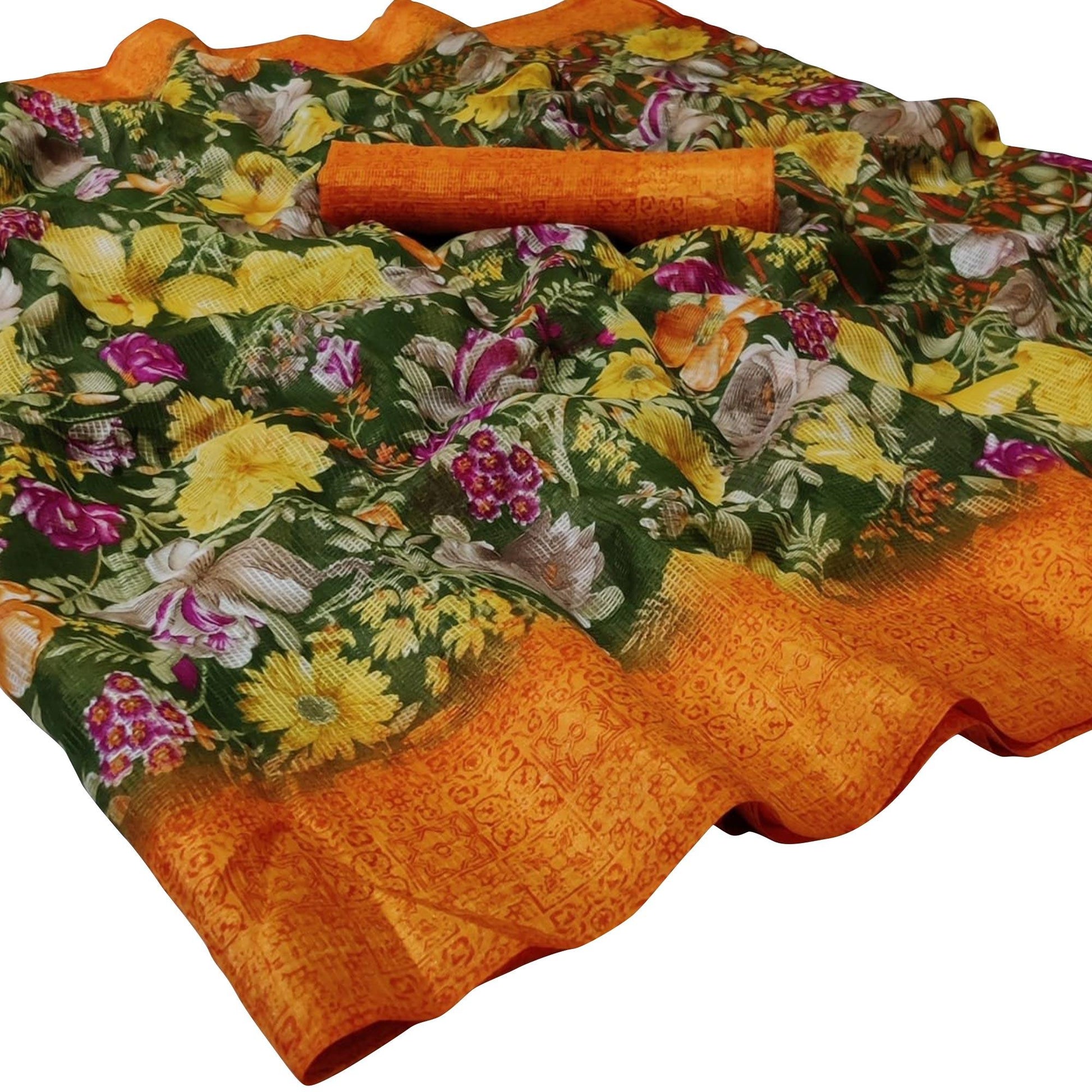 Exceptional Green Colored Casual Wear Floral Printed Silk Saree