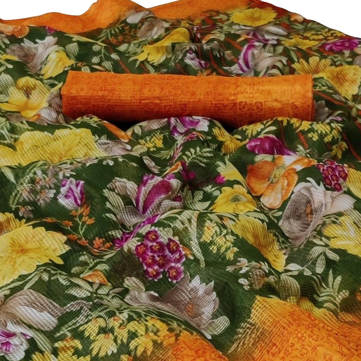 Exceptional Green Colored Casual Wear Floral Printed Silk Saree