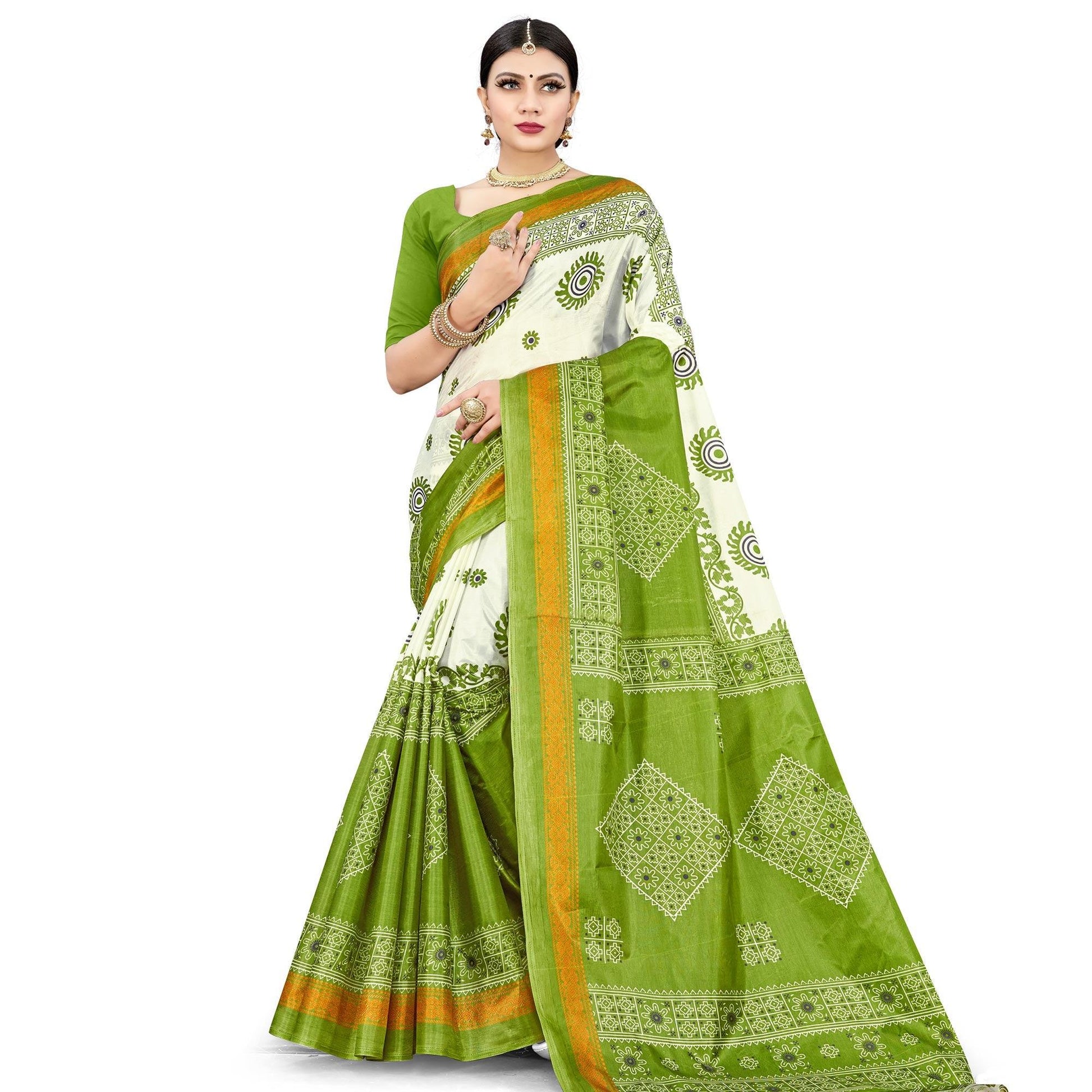Exceptional Green Colored Casual Wear Printed Cotton Silk Saree