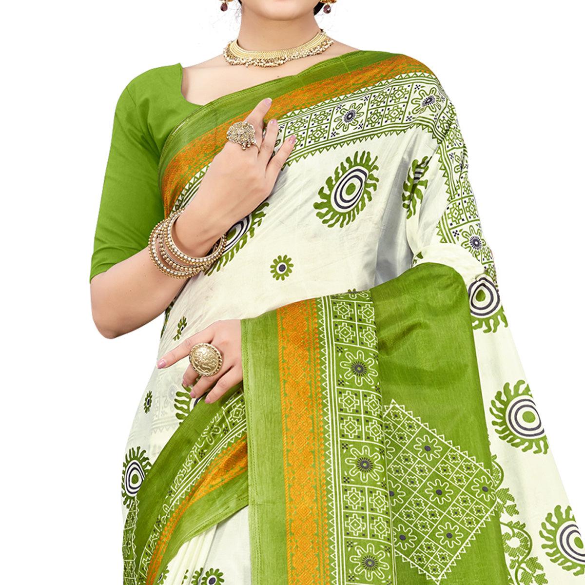 Exceptional Green Colored Casual Wear Printed Cotton Silk Saree