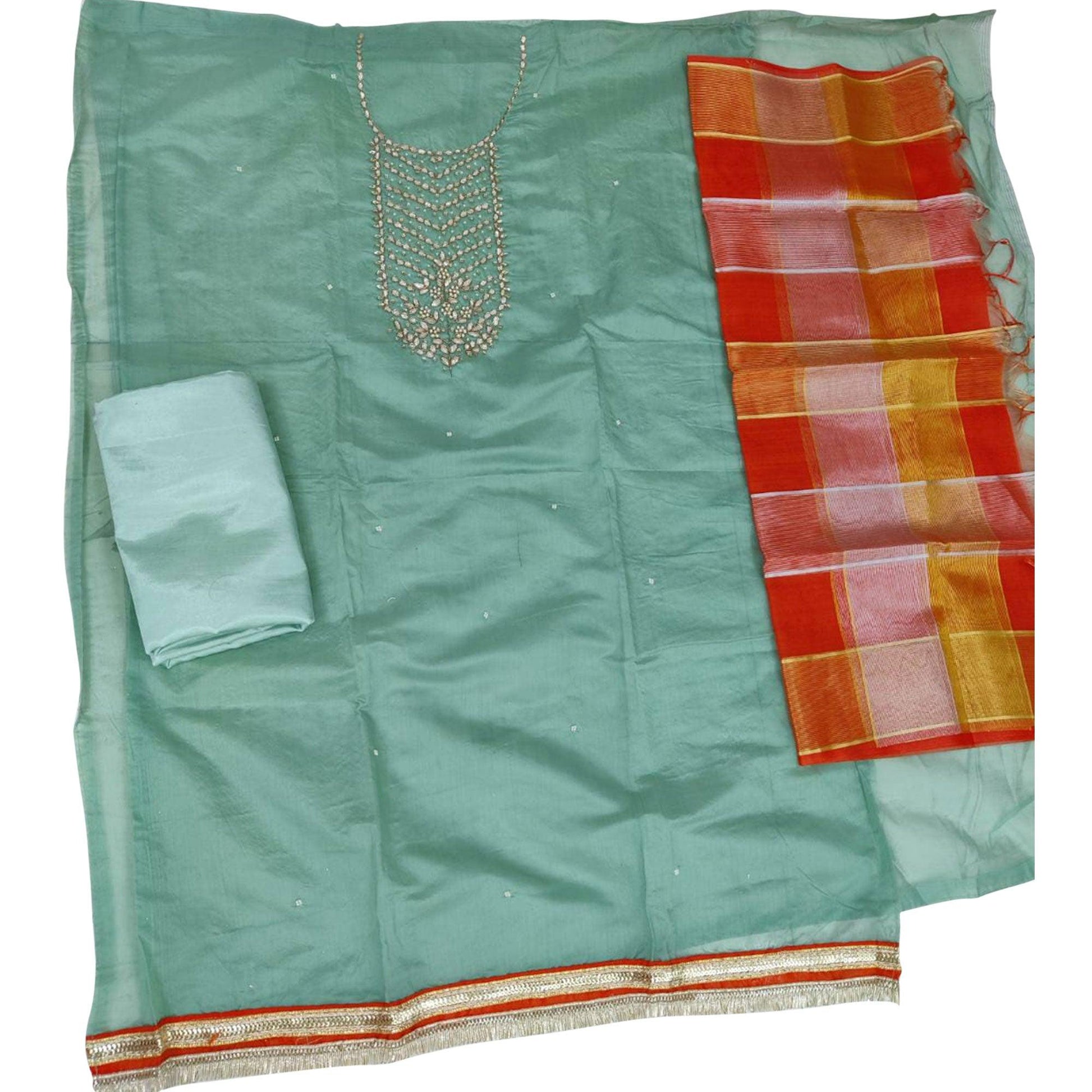Exceptional Green Colored Festive Wear Handwork Modal Chanderi Dress Material