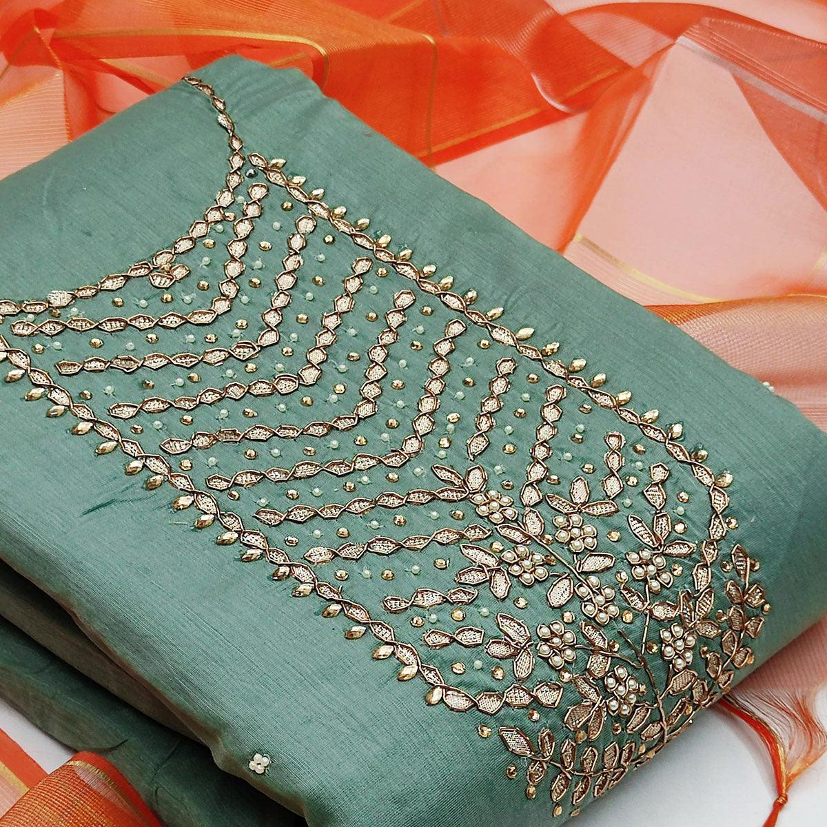Exceptional Green Colored Festive Wear Handwork Modal Chanderi Dress Material