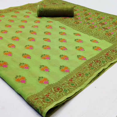Exceptional Green Colored Festive Wear Woven Cotton Saree