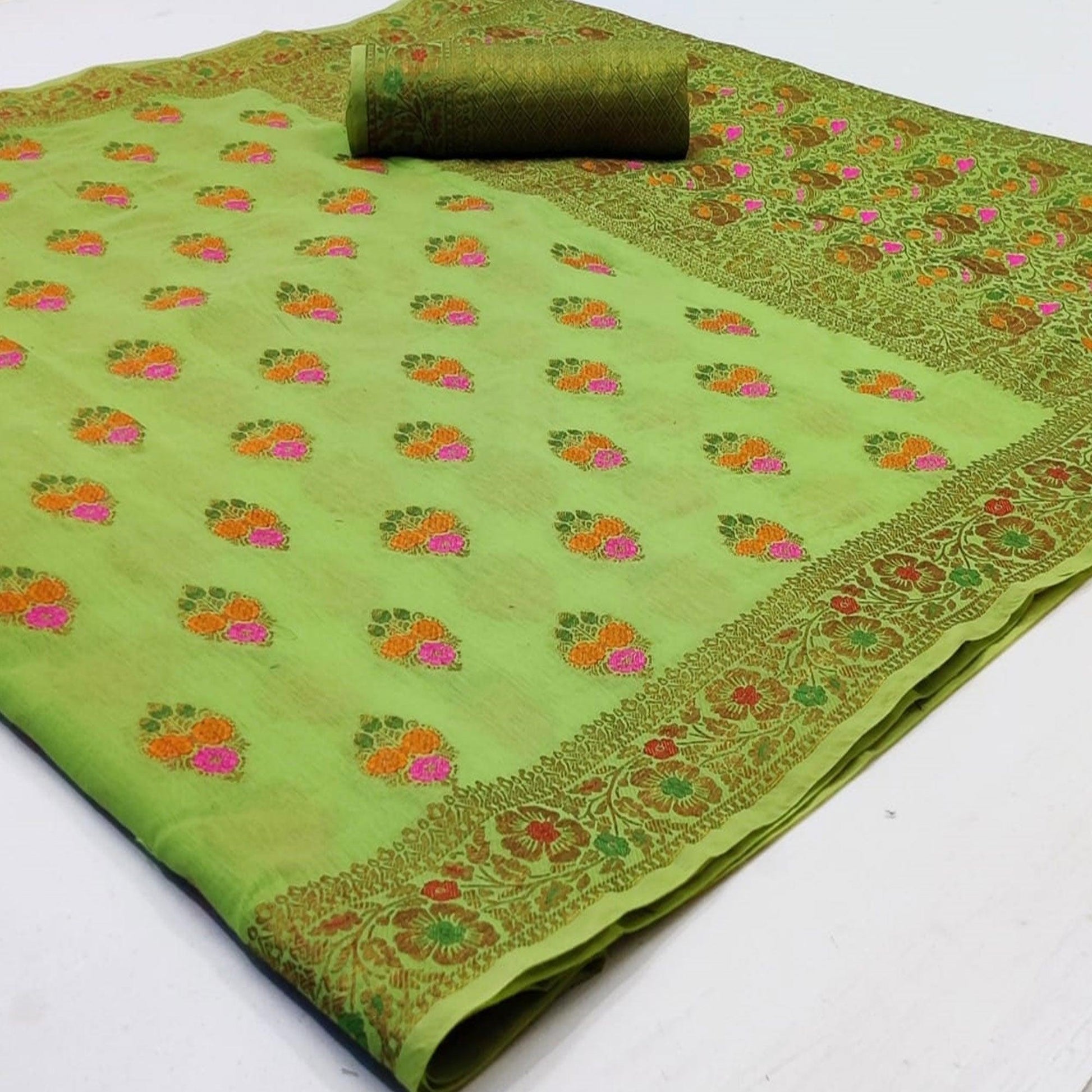 Exceptional Green Colored Festive Wear Woven Cotton Saree
