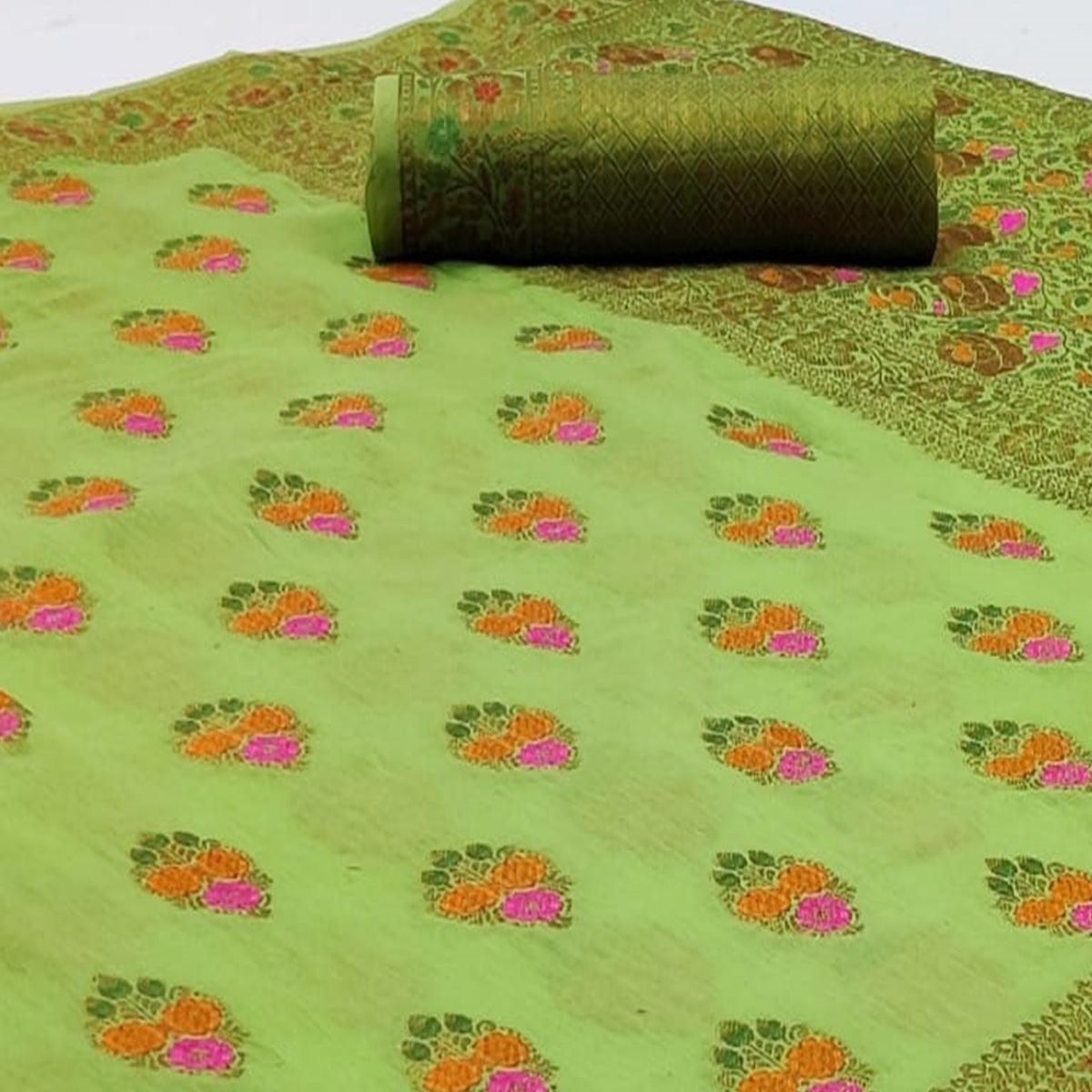 Exceptional Green Colored Festive Wear Woven Cotton Saree