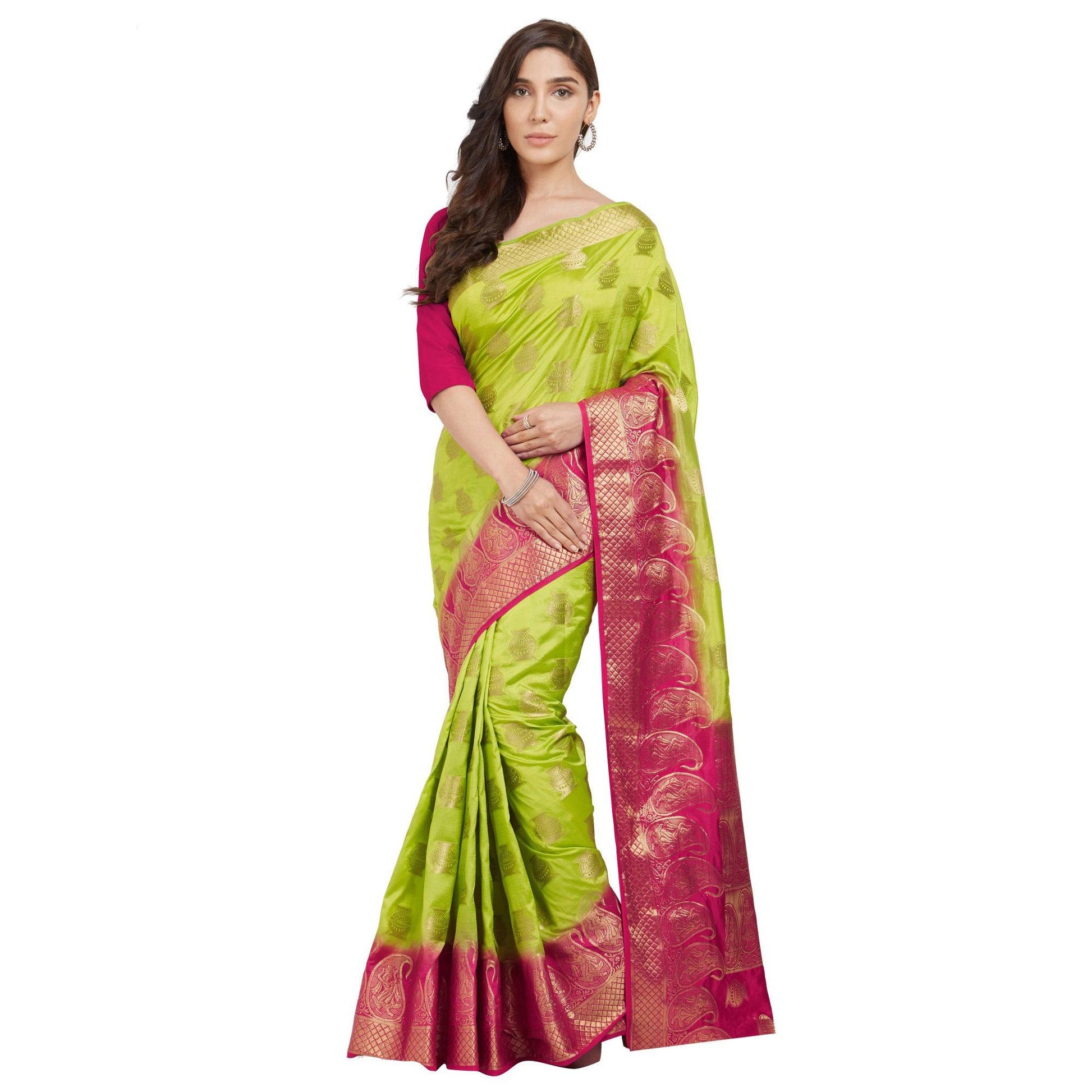 Exceptional Green Colored Festive Wear Woven Cotton Silk Saree